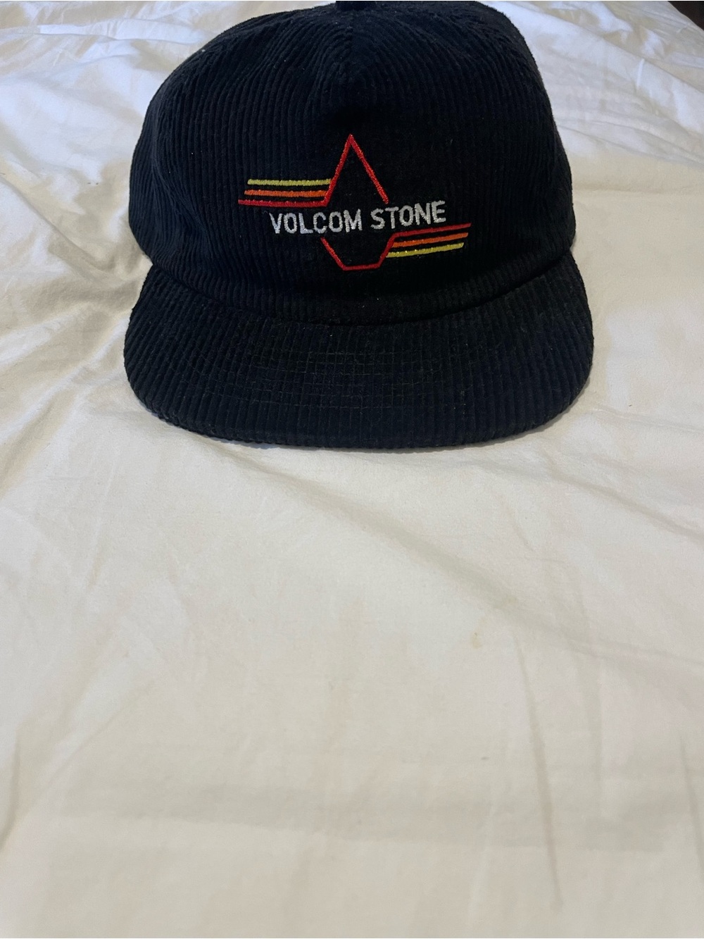 Volcom Black Corduroy Hat with Red and Yellow Stripe Logo